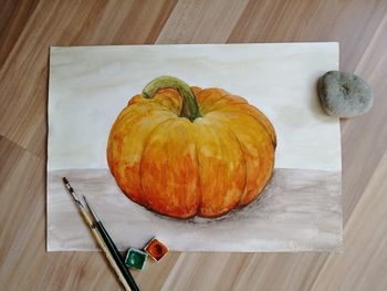 High angle view of pumpkins on table