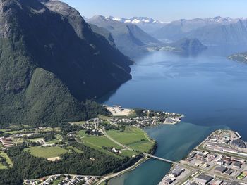 High angle view of lake and mountains