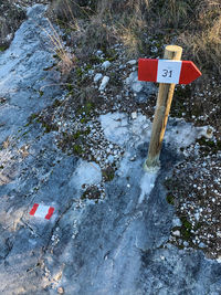 High angle view of road sign