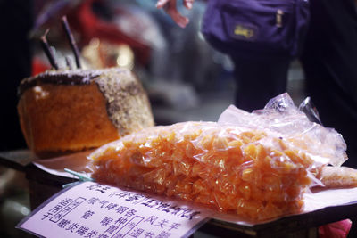 Close-up of burger in market for sale