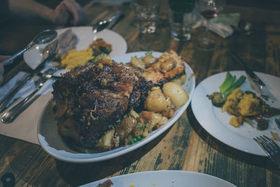 High angle view of food in plate on table