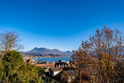 Scenic view of trees and buildings against clear blue sky