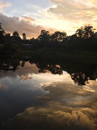 Scenic view of lake against sky at sunset