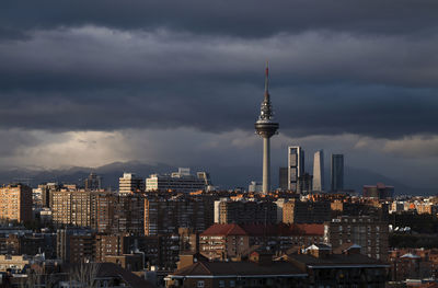 Panorama of city of madrid, spain, during sunset, with high tower buildings on background