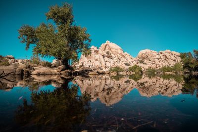 Scenic view of lake against clear blue sky