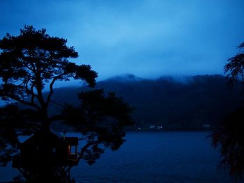 Silhouette trees by lake against sky at night