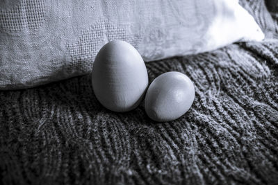 High angle view of eggs on table