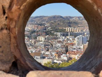 Cityscape seen through window