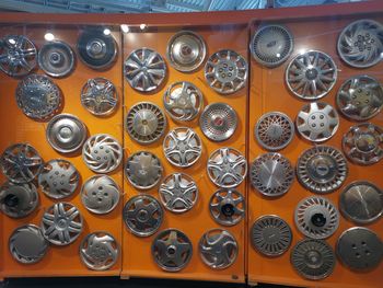 High angle view of various coins