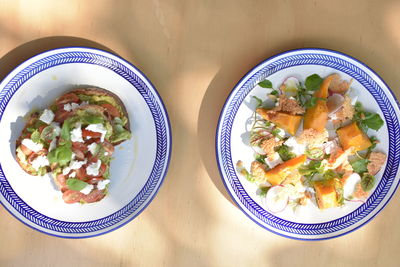 High angle view of food in plate on table