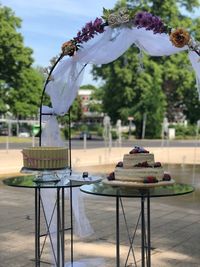 Wedding cake on table by decoration