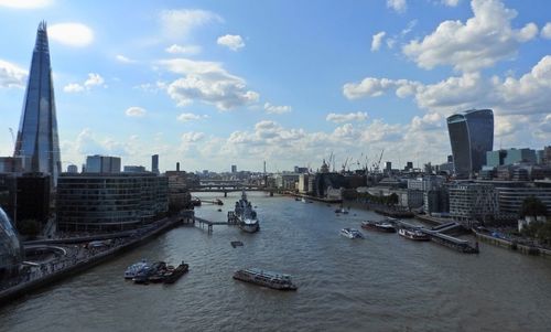 Panoramic view of buildings and river against sky