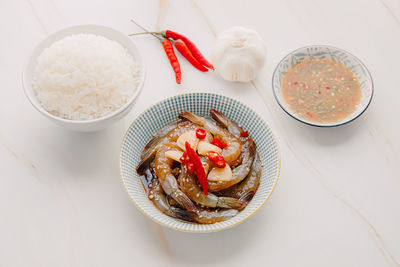 High angle view of breakfast served on table