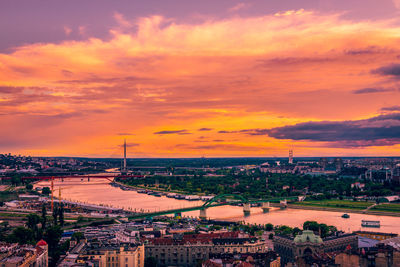 High angle view of city at sunset