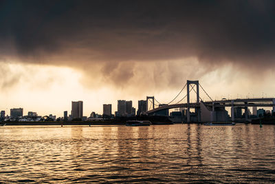 Bridge over river and buildings against sky during sunset