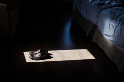 Pair of leather loafers placed on wooden floor illuminated by sunlight in room of modern apartment