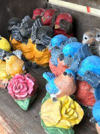 High angle view of multi colored toys on table