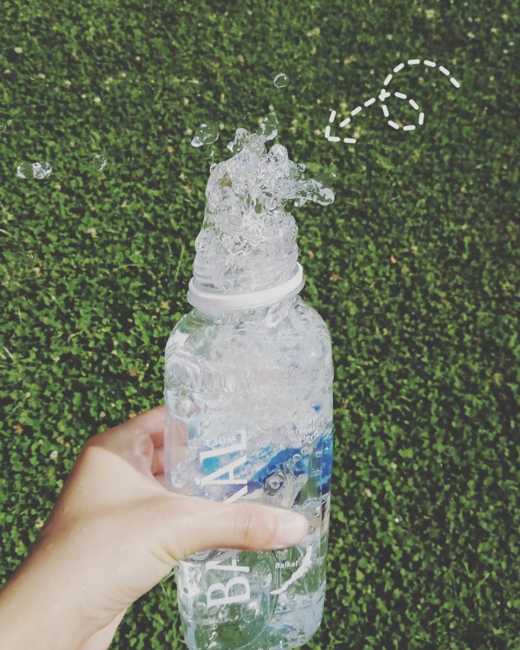 human body part, human hand, real people, holding, hand, one person, nature, bottle, lifestyles, day, container, plant, unrecognizable person, grass, green color, water, transparent, plastic, outdoors, finger