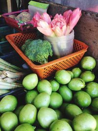 High angle view of fruits in basket at market