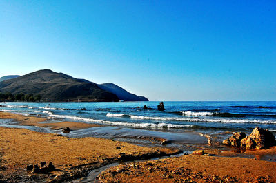 Scenic view of beach against clear blue sky