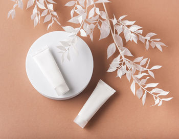 White tubes of cream on a brown background and decorative branch with white leaves