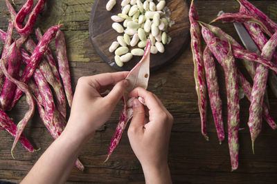 High angle view of woman shelling beans