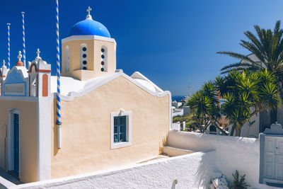 Santorini, greece. blue domed church, greek landmark.