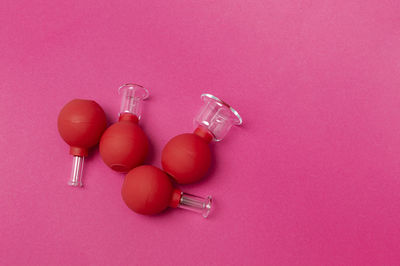 High angle view of medicines on red background