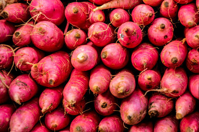 Full frame shot of red radishes at market