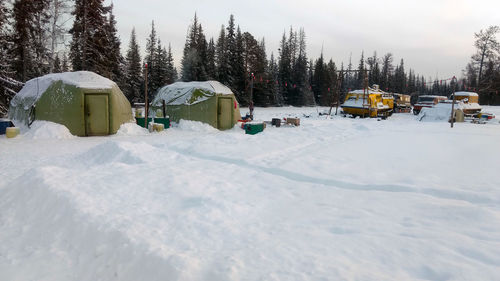 Winter field geological and geophysical camp in siberia. inflatable rescue living tents