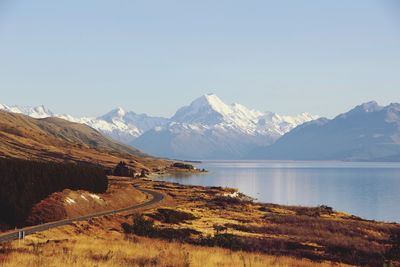 Scenic view of lake and mountains against sky