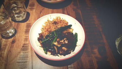 High angle view of meal served on table