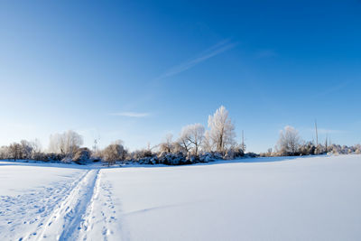 Snow covered field against clear blue sky