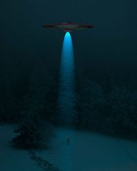 Illuminated spaceship in forest during winter at night