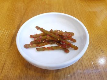 High angle view of food in plate on table