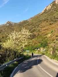 Road amidst trees and mountains against sky