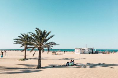 People at beach against clear blue sky