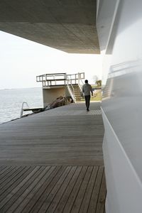 Rear view of man on road by sea