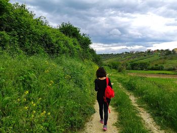 Girl walks in the green countryside