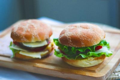 Close-up of burgers in plate on table