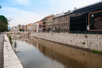 Reflection of buildings in water against sky