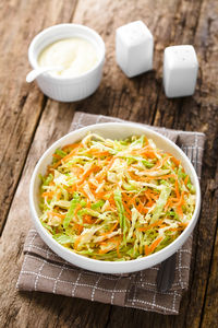 High angle view of noodles in bowl on table