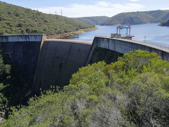 High angle view of dam by river