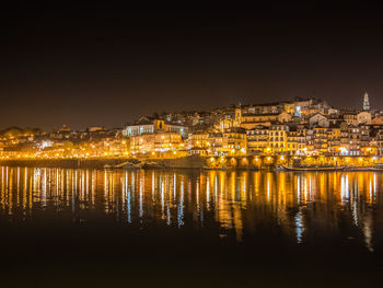 Reflection of illuminated buildings in water at night