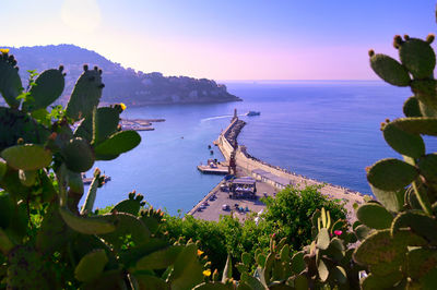 High angle view of bay against sky