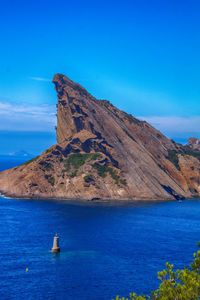 View of calm blue sea and rock formation