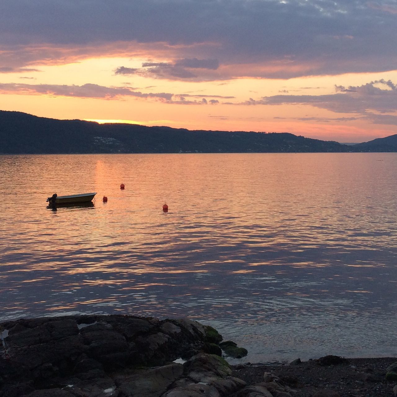 water, animal themes, sunset, bird, sky, animals in the wild, scenics, lake, mountain, wildlife, beauty in nature, tranquil scene, tranquility, nature, silhouette, cloud - sky, swimming, orange color, one animal, reflection