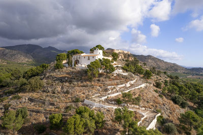 Top view of hermitage of la magdalena in castello with scattered clouds on a sunny day