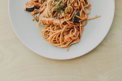 High angle view of noodles in plate on table