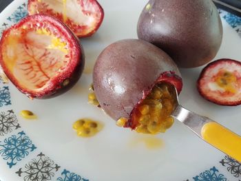 High angle view of dessert on table